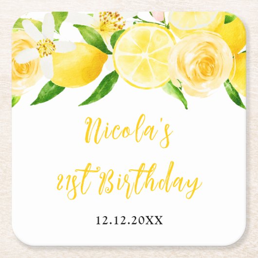 Lemons and Foliage Birthday Kartonnen Onderzetters (Voorkant)