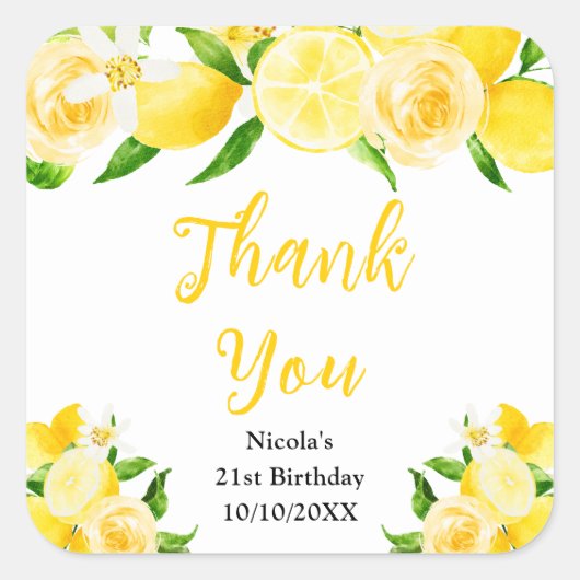 Lemons and Foliage Birthday Thank You Vierkante Sticker (Voorkant)