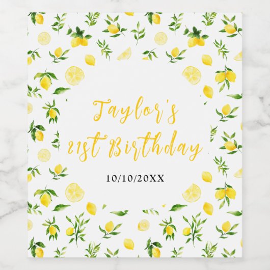 Lemons and Foliage Birthday Wijn Etiket (Enkel label)