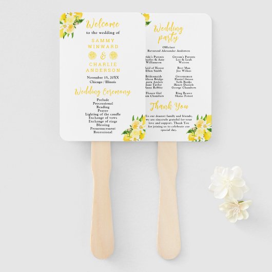 Lemons and Foliage Wedding Program Handwaaier (Voorkant en achterkant)