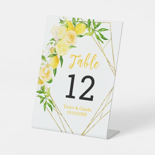Lemons and Foliage Wedding Table Number Reclamebord Met Voetstuk (Voorkant)