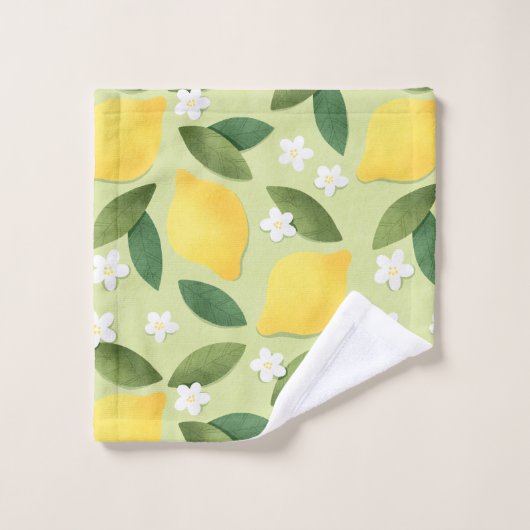 Lemons ans White Flowers on Green Background Bad Handdoek (Wasdoekje)