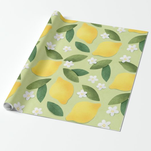 Lemons ans White Flowers on Green Background Cadeaupapier (Uitgerold)