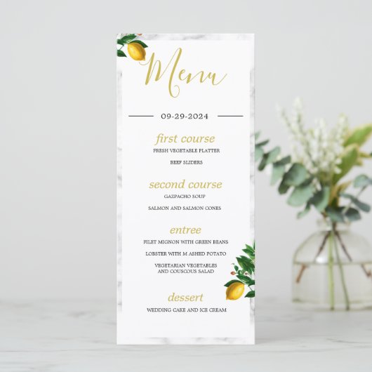 Lemons Black White Marmer Summer Monogram Menu (Staand voorkant)