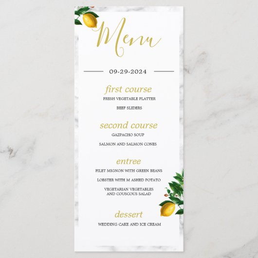 Lemons Black White Marmer Summer Monogram Menu (Voorkant)