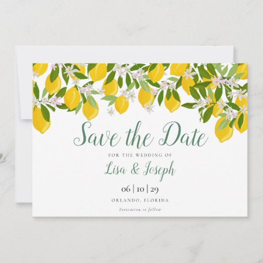 Lemons Blossom Elegant Script Save The Date (Voorkant)