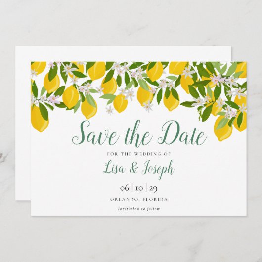 Lemons Blossom Elegant Script Save The Date (Voorkant / Achterkant)
