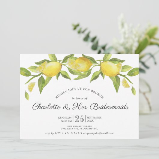 Lemons Blossom Greenery Bridesmaids Brunch Kaart (Staand voorkant)