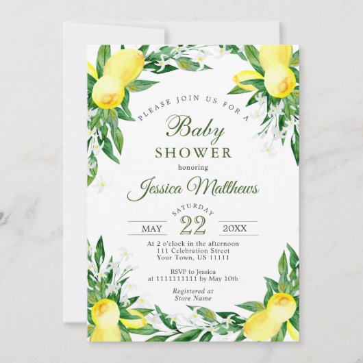 Lemons Blossom Greenery NEUTRAL Baby shower Kaart (Voorkant)