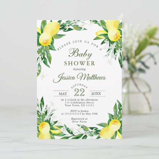 Lemons Blossom Greenery NEUTRAL Baby shower Kaart (Staand voorkant)