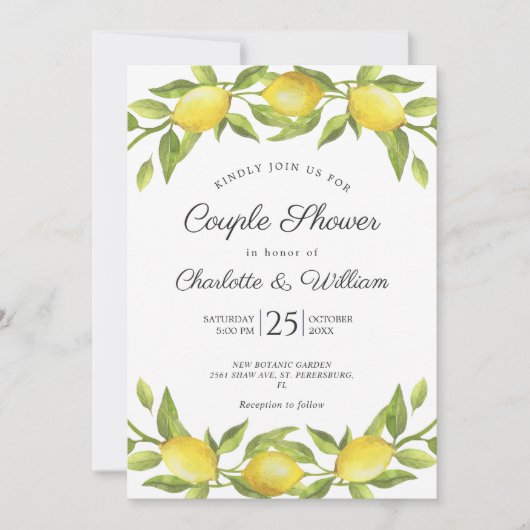 Lemons Blossom Greenery Waterverf Couple Shower Kaart (Voorkant)