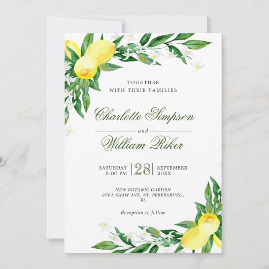 Lemons Blossom Greenery Waterverf Wedding Kaart (Voorkant)