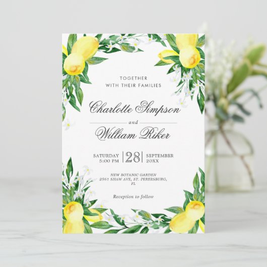 Lemons Blossom Greenery Waterverf Wedding Kaart (Staand voorkant)