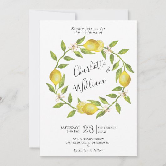 Lemons Blossom Greenery Waterverf Wedding Kaart (Voorkant)