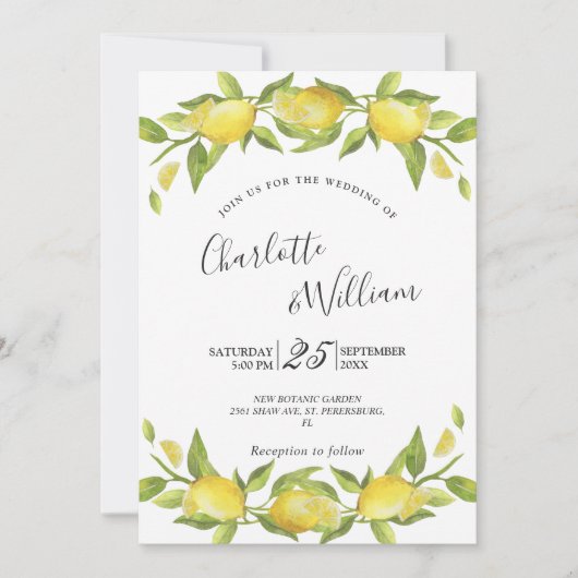 Lemons Blossom Greenery Waterverf Wedding Kaart (Voorkant)