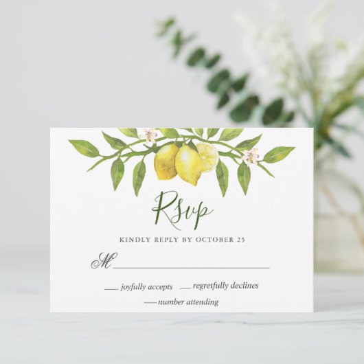 Lemons Blossom Greenery Wedding RSVP Kaart (Staand voorkant)