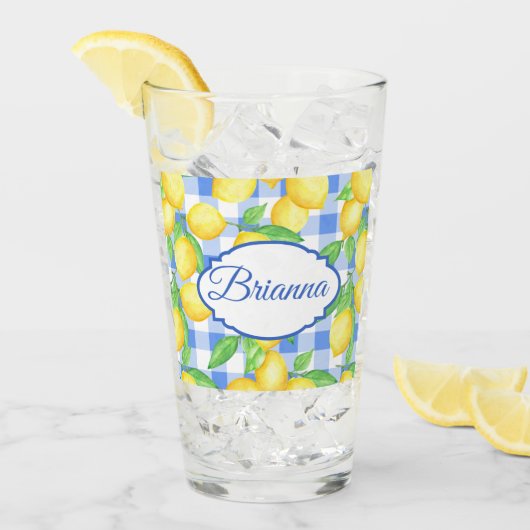 Lemons & Blue Gingham gepersonaliseerd glas (Voorkant ijs)