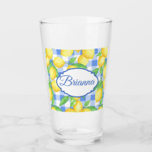 Lemons & Blue Gingham gepersonaliseerd glas