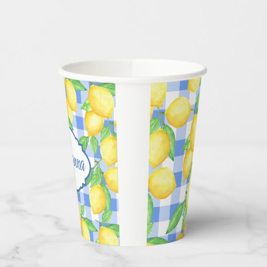 Lemons & Blue Gingham gepersonaliseerd glas Papieren Bekers (Links)