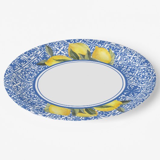 Lemons & Blue Mediterranean Tegel Wedding Shower Papieren Bordje (Gekanteld)