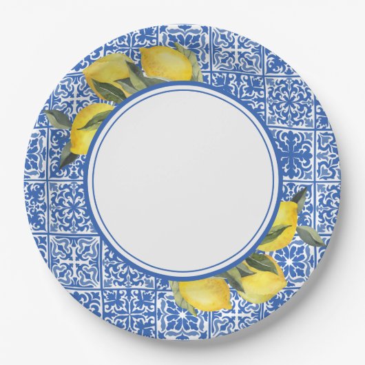 Lemons & Blue Mediterranean Tegel Wedding Shower Papieren Bordje (Voorkant)