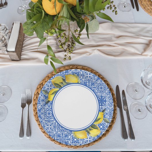 Lemons & Blue Mediterranean Tegel Wedding Shower Papieren Bordje