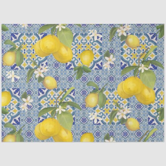 Lemons Blue n White Farmhouse Decoupage Tissuepapier (Voorkant)