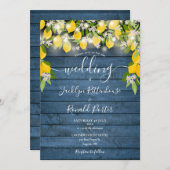 Lemons Blue Rustic Wood String Lights Wedding Kaart (Voorkant / Achterkant)