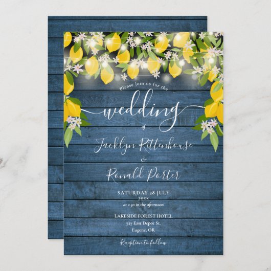 Lemons Blue Rustic Wood String Lights Wedding Kaart (Voorkant / Achterkant)