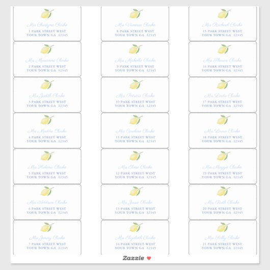 Lemons Blue Text Guest Envelope Adresetiketten Sticker (Vel)