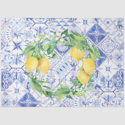 Lemons Blue White Rustic Farmhouse Tile Decoupage Tissuepapier (Voorkant)