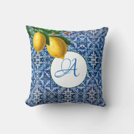 Lemons Blue White Tile Summer Monogram Kussen