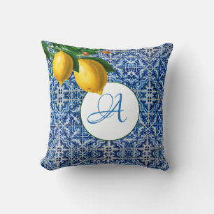 Lemons Blue White Tile Summer Monogram Kussen