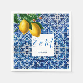 Lemons Blue White Tile Summer Monogram Servet
