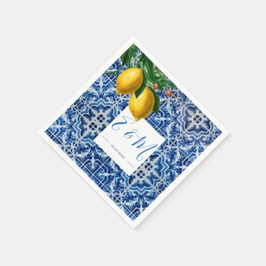 Lemons Blue White Tile Summer Monogram Servet (Hoek)
