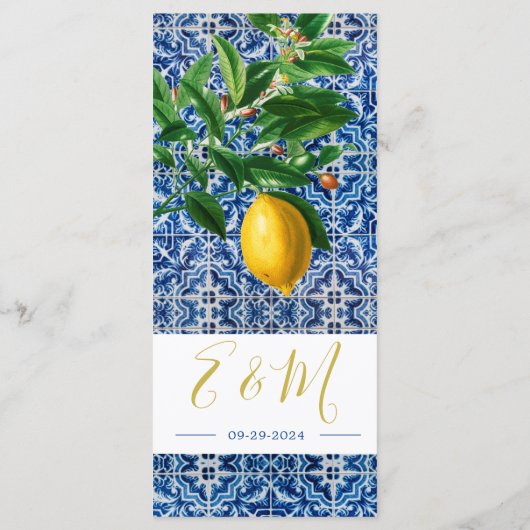 Lemons Blue White Tiles Summer Monogram Menu (Achterkant)