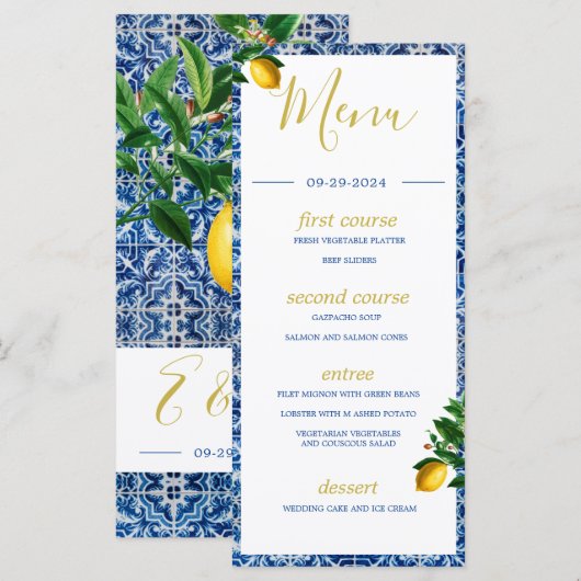 Lemons Blue White Tiles Summer Monogram Menu (Voorkant / Achterkant)