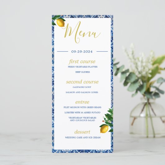 Lemons Blue White Tiles Summer Monogram Menu (Staand voorkant)