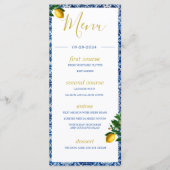 Lemons Blue White Tiles Summer Monogram Menu (Voorkant)