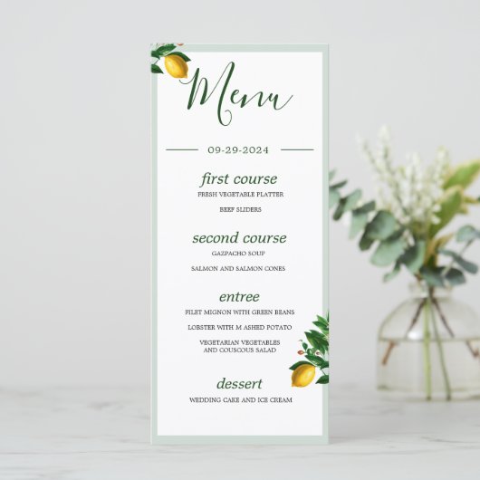 Lemons Botanical Green Summer Monogram Menu (Staand voorkant)