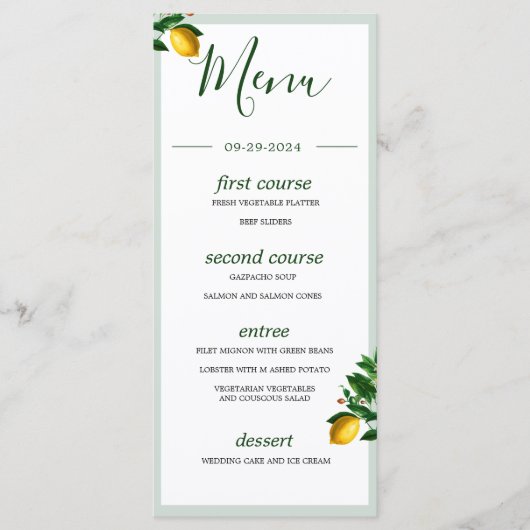 Lemons Botanical Green Summer Monogram Menu (Voorkant)