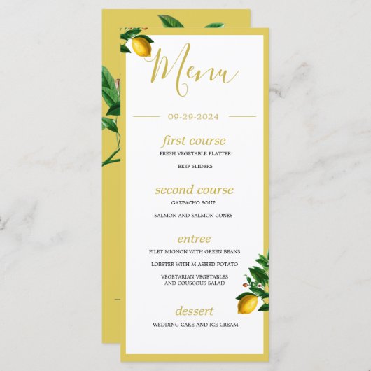 Lemons Botanical Green Yellow Summer Monogram Menu (Voorkant / Achterkant)