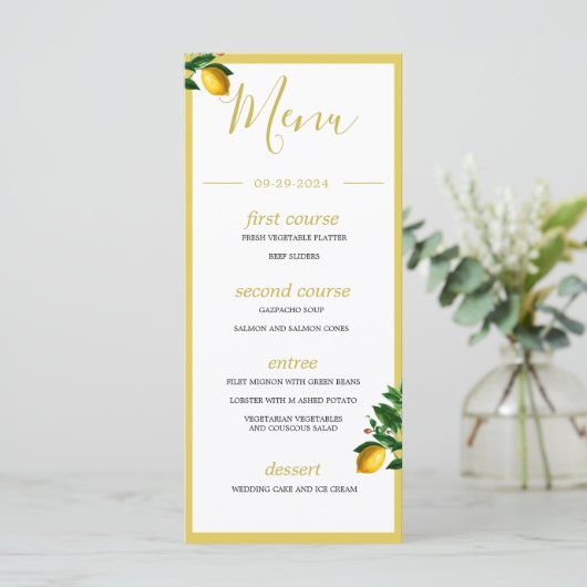 Lemons Botanical Green Yellow Summer Monogram Menu (Staand voorkant)