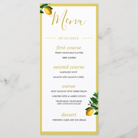 Lemons Botanical Green Yellow Summer Monogram Menu (Voorkant)