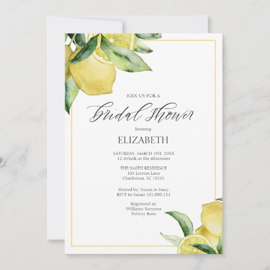 Lemons Bridal Shower Invitation Yellow Border Kaart (Voorkant)