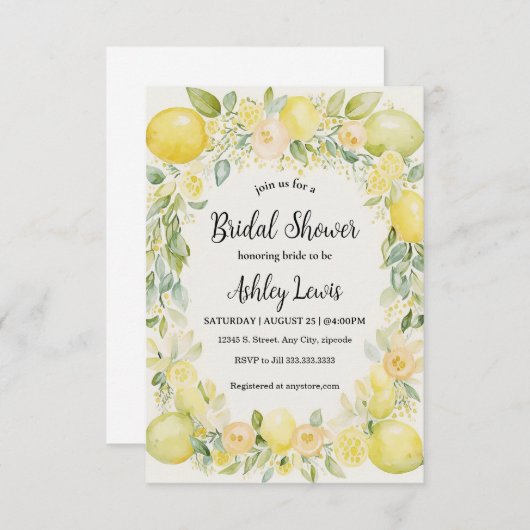 Lemons Bruidsdouche uitnodiging, Gele uitnodiging (Voorkant / Achterkant)