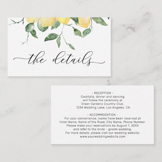 Lemons Elegant Waterverf Wedding Details Informatiekaartje (Voorkant / Achterkant)