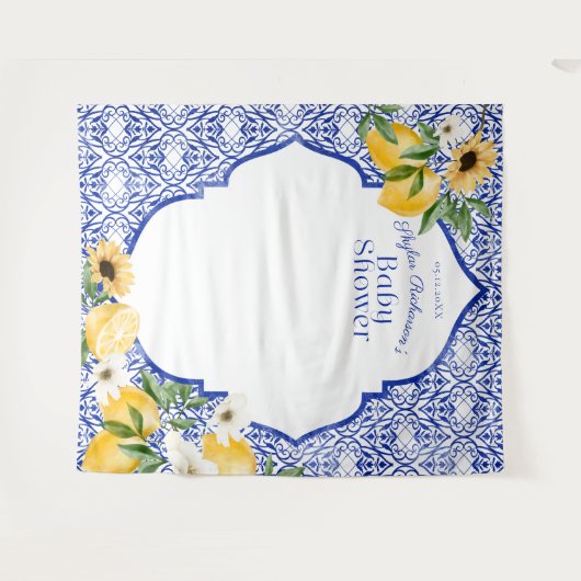 Lemons en Antiek blauw patroonpatroon Baby shower Wandkleed (Voorkant (horizontaal))