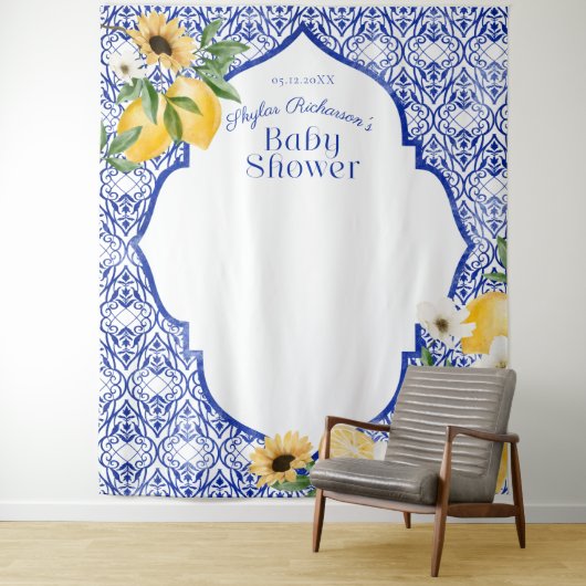 Lemons en Antiek blauw patroonpatroon Baby shower Wandkleed (In situ)