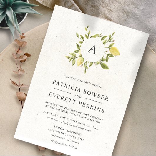 Lemons en bladeren Gray Monogram Waterverf Wedding Kaart